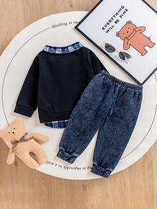 两件套幼儿男童POLO领格子二合一小熊印花长袖上衣和松紧腰牛仔裤 - 寶藍色 - 查看 2