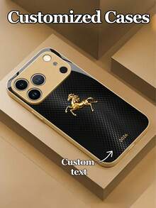 1pc Customizable Text, Luxury Rhombus Texture Gold Horse Design Tempered Glass Material Phone Case Compatible With IPhone 17 Air/16 ProMax/15 Pro/14 Plus/13 Pro/12 Pro Max/11/Xs Max/8/7/6 Plus, S24 Ultra/S25 Ultra/A12, Elegant Minimalist Creative Personalized Protective Cover, Gift - Gold - View 4