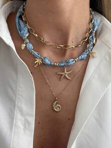 3件套度假风几何链条布艺系带贝壳、海星、海豚金属海洋生物吊坠项链套装，优雅奢华，适合婚礼、度假、日常休闲、街拍等场合，是女士和情侣节日生日的百搭项链礼物。 - 項鍊 - 查看 10