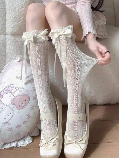 1 Pair Japanese Style Lolita Lace Trim Knee High Socks, Thin Leg Warmers For Women, Bowknot Lace Hollow Heart Leg Warmers, Elegant Gothic Lolita Pattern Socks, Suitable For Fashion And Daily Wear