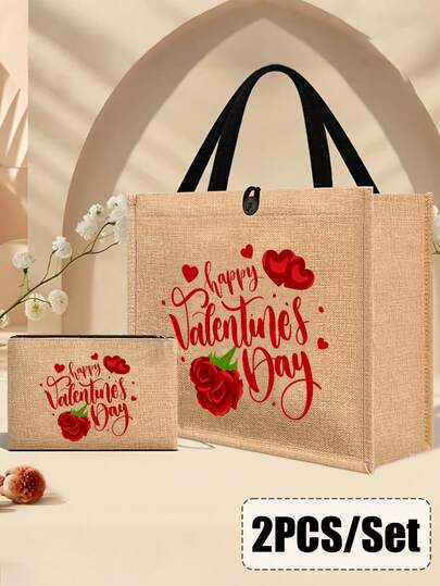 Women's Valentine's Day Pattern Tote Bag Set - Featuring A Red Rose And Heart Print, This Foldable, Portable, And Durable Multi-Functional Storage Bag/Grocery Shopping Bag Offers Ample Capacity, Making It Ideal For Commuting, School, And University Use. It's A Perfect Gift For Teachers, Classmates, Wives, And Family. Also A Perfect Choice For Wedding Season, Bridesmaid Gifts, And Valentine's Day Presents.