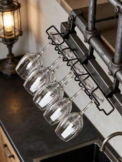 1pc Under Cabinet Wine Glass Holder, Kitchen Hanging Metal & Glass Storage Rack, No Nail Glass Organizer, Black, Space Saving, Easy Installation, Non-Slip, Suitable For Home, Bar, Kitchen, Cafe, Office And Hotel, Affordable Price