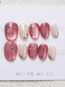 10pcs/Set Almond-Shaped Pink Cat Eye Heart Full Cover Nail Stickers, Reusable, 4 Sizes Available, Suitable For Girls/Women, Actresses, Stage Performance, Festivals, Parties, Weddings And Daily Wear, Ideal For Christmas, New Year, Autumn/Winter And Other Celebrations Nails Nail Supplies Handmade Press On Nails - Baby Pink - View 3