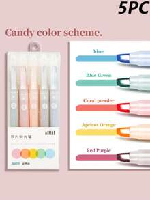 5pcs Double-Headed Fluorescent Highlighter Pens With Visible Window, Suitable For Daily Highlighting, Drawing, Marking, Plastic Material, Suitable For Office, School Supplies, Gifts, Back To School Season - Multicolor - View 14