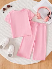 2件套女婴可爱碎花装饰短袖T恤上衣和直筒裤套装，春夏休闲装 - 粉色 - 查看 2