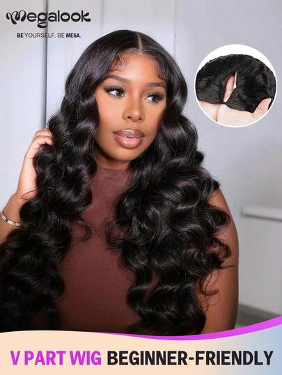 MEGALOOK 蓬松波浪V型分缝假发，100%真人发，无需胶水，升级版V型分缝，适合卷曲的巴西原生真人发，带抽绳帽，V型设计，无需缝合，无需胶水，180%密度，18-26英寸，自然色假发 - 新手友好，外观自然，适合日常佩戴，办公室、僵尸新娘、万圣节、派对、Y2K、坏女孩、度假、户外角色扮演、校园、学校假期、圣诞节、派对、婚礼、节日等场合，适合女性佩戴。