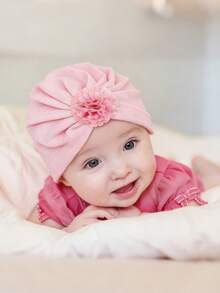 1顶婴儿轻盈蓬松花朵装饰发带帽，柔软舒适透气，弹性设计适合不同头型，适合0-6个月新生儿日常佩戴和户外玩耍，四季皆宜 - 彩色 - 查看 3