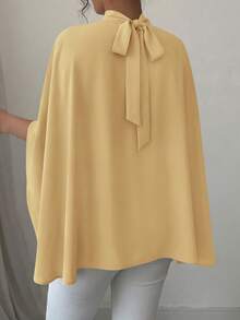 Women Summer Mock Neck Batwing Short Sleeve Loose High Low Hem Back Tie Knot Spring Tops Casual Oversized Blouses Work Office Yellow Shirts - 黃色 - 查看 2