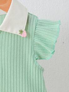 Baby Girl Summer Knit Set: Mint Green Ribbed Polo Shirt (Contrast Collar + Strawberry Decor + Ruffle Sleeves) & White Apricot Ruffle Hem Shorts 2Pcs, Soft Knit Fabric, Breathable & Skin-Friendly, Delicate Decor, Light Color Suitable For Summer Daily/Light Social Occasions, Comfortable & Easy To Wear & Care, Creating A Cute Outfit - Mint Green - View 7