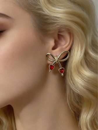 2pcs/Set Elegant Rhinestone Heart & Bow Stud Earrings For Women, Suitable For Valentine's Day, Mother's Day, Daily Wear