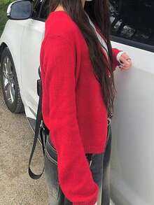 Casual Button-Up Knit Cardigan, Korean Style - Red - View 4