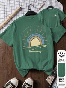 2026 日出印花 100% 纯棉短袖T恤，夏季T恤，图案T恤，休闲夏季穿搭，纯棉T恤，夏季上衣，灵感源自米兰的东方美学街头服饰 - 图案印花，夏季T恤，女式T恤，上衣，夏季服装，度假装，旅行装，海滩风，简约度假装 - 綠色 - 查看 1