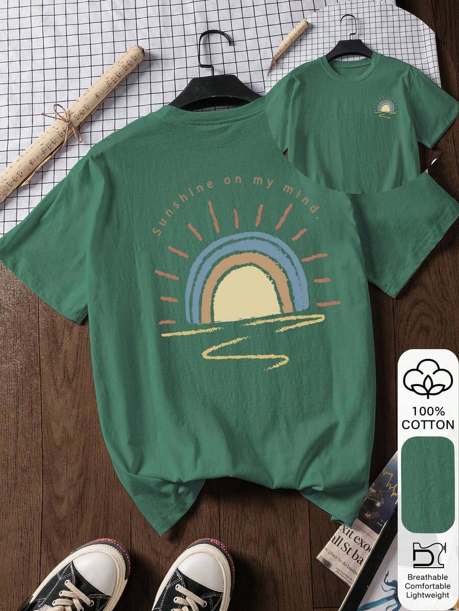 2026 日出印花 100% 纯棉短袖T恤，夏季T恤，图案T恤，休闲夏季穿搭，纯棉T恤，夏季上衣，灵感源自米兰的东方美学街头服饰 - 图案印花，夏季T恤，女式T恤，上衣，夏季服装，度假装，旅行装，海滩风，简约度假装 - 綠色 - 查看 1