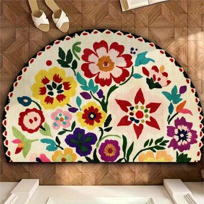 1pc Semi-Circle Compatible For Door - Soft / Floral, Machine- With Rubber Backing, Hand Washable Entryway Bedroom Kitchen Floor Mat, Spring Valentine's Easter Decor (Half-Room Shape)