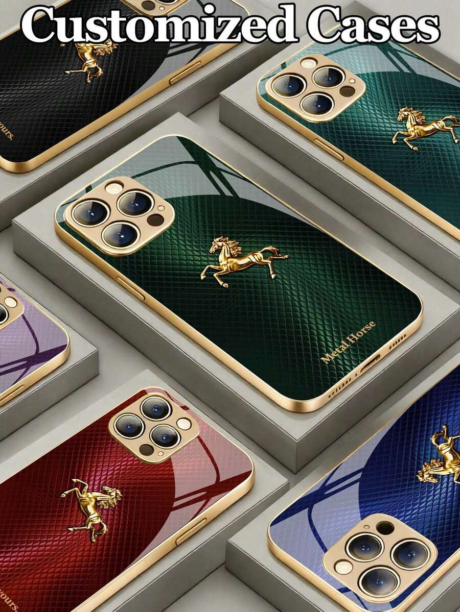 1pc Customizable Text, Luxury Rhombus Texture Gold Horse Design Tempered Glass Material Phone Case Compatible With IPhone 17 Air/16 ProMax/15 Pro/14 Plus/13 Pro/12 Pro Max/11/Xs Max/8/7/6 Plus, S24 Ultra/S25 Ultra/A12, Elegant Minimalist Creative Personalized Protective Cover, Gift - Gold - View 1