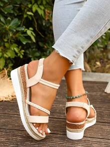 Modische Damen Sommer Casual Urlaubs-Stil Seil gewebte Sohle Offene Zehe Keilabsatz Sandalen, Schlüpfen, einfarbig vielseitig für Innen und Außen Strand Keilsandalen - Beige - Übersicht 5
