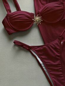 Conjunto de 3 piezas de bikini de estilo europeo sexy para mujer, para vacaciones de verano - Color caoba - Ver 10