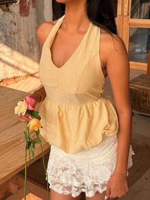 阳光少女风夏季女士Y2K性感纯粹欲望风格露背无袖吊带背心，飘逸荷叶边下摆，适合街头、通勤和海滩度假 - 黃色 - 查看 5