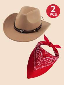 2 Pcs Kids Felt Panama Hats Classic Wide Brim Rancher Fedora With Belt Buckle Western Cowboy Costume Set Including Cowgirl Hat And Bandana - Hats and Handkerchiefs - View 8
