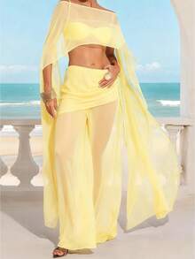 Women Chiffon Shawl Cape Mesh Sheer Poncho Top Capelets For Evening Dress Shawl Wraps Cover Up Wedding Party Women Chiffon Capelet Sheer Mesh Bridal Cape Shawl Wraps Asymmetrical High Low Flowy Wedding Party Cover Up Poncho - 黃色 - 查看 1
