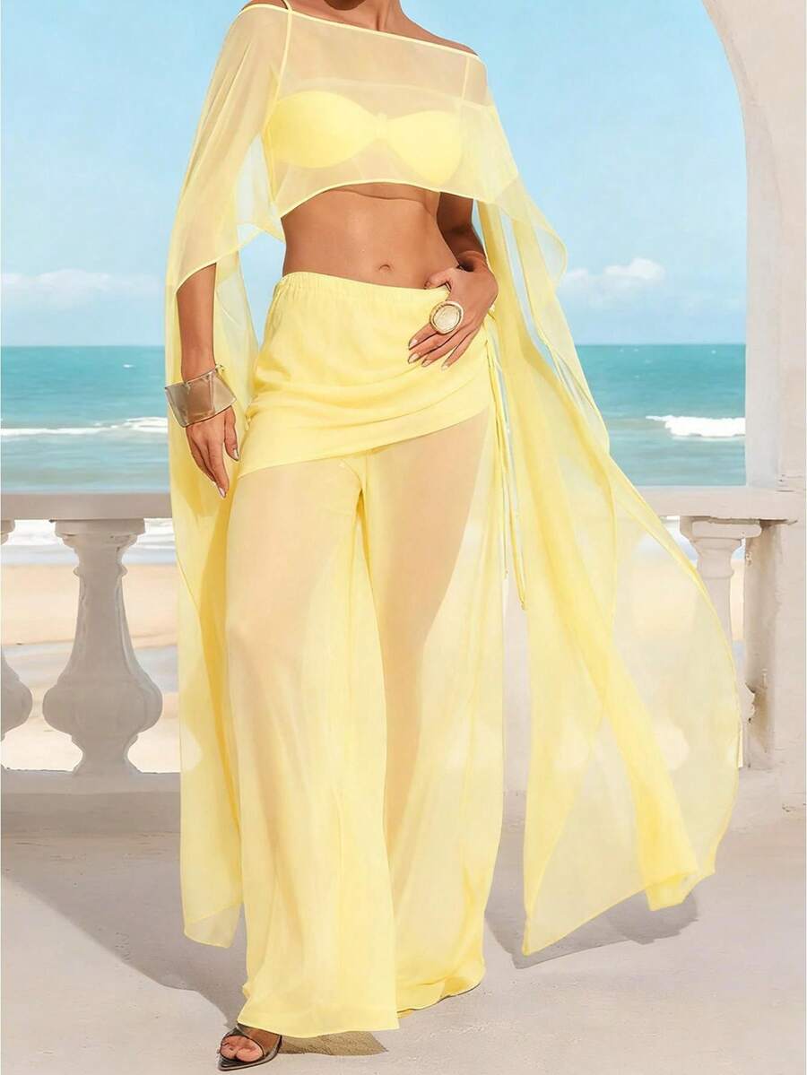 Women Chiffon Shawl Cape Mesh Sheer Poncho Top Capelets For Evening Dress Shawl Wraps Cover Up Wedding Party Women Chiffon Capelet Sheer Mesh Bridal Cape Shawl Wraps Asymmetrical High Low Flowy Wedding Party Cover Up Poncho - 黃色 - 查看 1