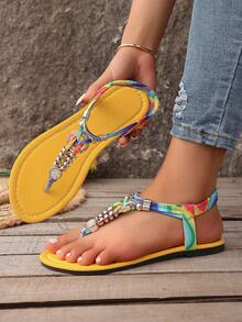 女士夏季纯色串珠人字拖松紧带平底凉鞋，波西米亚风时尚百搭休闲沙滩度假凉鞋 - 七彩黃 - 查看 3