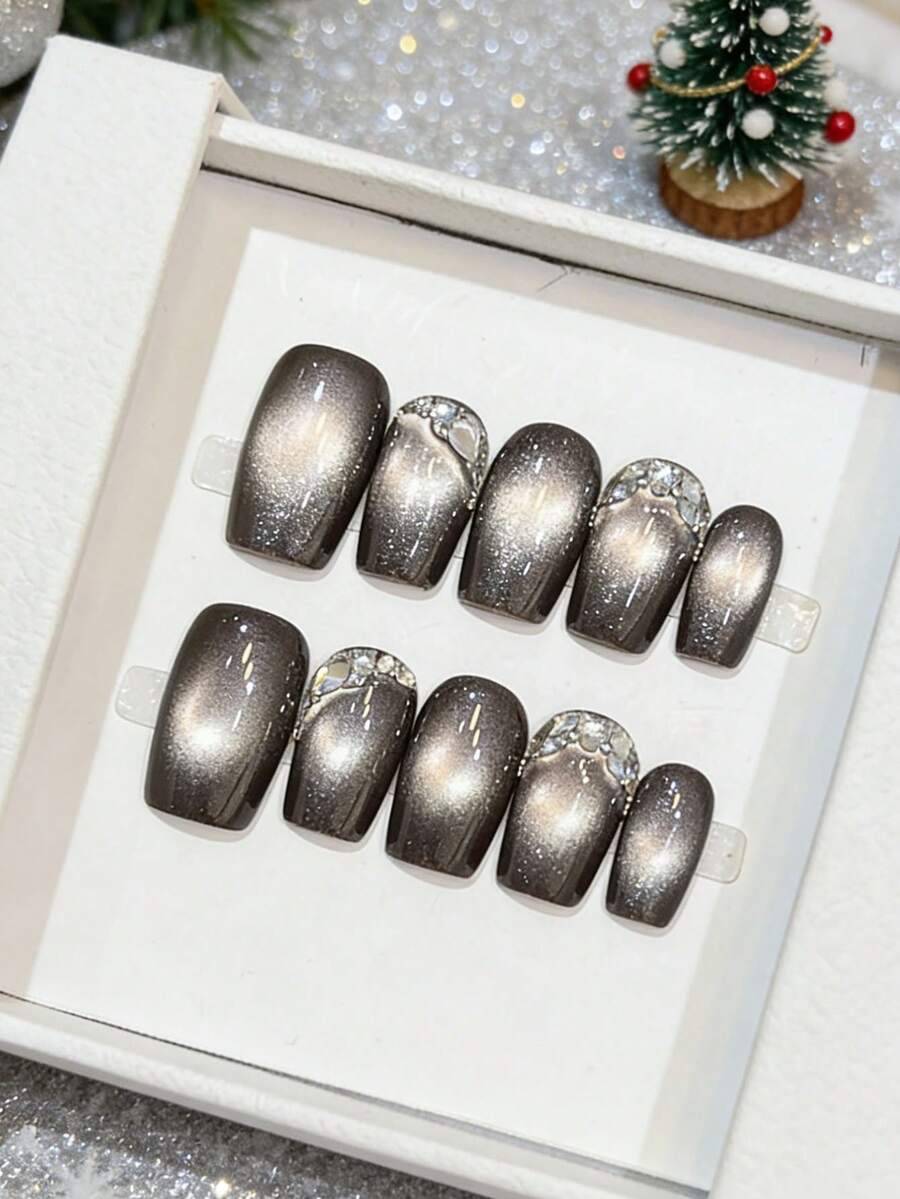 10 piezas de uñas postizas con efecto de ojo de gato metálico, con brillantes de strass, uñas falsas reutilizables para mujeres para uso diario y de fiesta - Multicolor - Ver 1