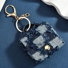 おしゃれな小さなフレグランススタイルのミニバッグキーホルダーペンダントバックパックハンドバッグペンダント収納バッグ小銭入れヘッドフォンバッグ限定版ツイードミニバッグヘッドフォン保護カバーキーチェーンクリエイティブライト高級ヘッドフォンバッグペンダントポータブル小物収納ペンダント - デニムブルーとホワイトのミニバッグチャーム - チェックする 15
