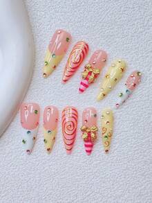 10pcs Y2K Nails Stiletto Press On Nails Set - Handcrafted, Pink Nails, Yellow Nails, Yellow French Tip Nails, Hand Drawn Gold Pattern And Stripe French Tip Style Design, Sparkling Colorful Rhinestone And Gold Bow Accents, Delicate Graceful Nails - Perfect For Parties & Casual Attire, Perfect Holiday Gift For Women And Girls - 彩色 - 查看 11