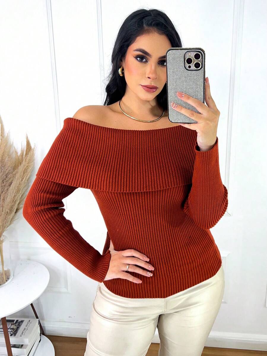 Women's Off-Shoulder Knit Sweater With Long Ribbed Sleeves, Modern Casual Style, Winter Fashion. - Rust - View 1