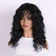 UFINE 18" Black Long Curly Wig With Bangs, High Temperature Fiber, 150% Density, Basic Style Suitable For Daily Wear And Parties - Black - View 6