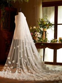 1pc 300cm 3D Floral Organza Bridal Veil, Cathedral Length Single Layer Long Train, Wedding Dress Accessory - Multicolor - View 8