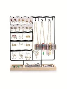 Organisateur de bijoux en bois avec 90 trous, 12 crochets et 10 fentes pour ranger les boucles d'oreilles, colliers, bagues et bracelets - Multicolore - Voir 11