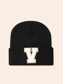 1pc Unisex Personalized Embroidered A-Z Letter Elastic Knit Beanie Hat, Fashionable Streetwear Knit Cap, Suitable For Autumn/Winter Daily Wear - Black - View 23