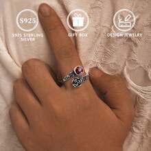 1 Peça Anel de Flor de Rosa Ajustável de Prata 925 com Pedra de Zircônia Cúbica Sintética Vermelha para Mulheres - Prata - Visão 4