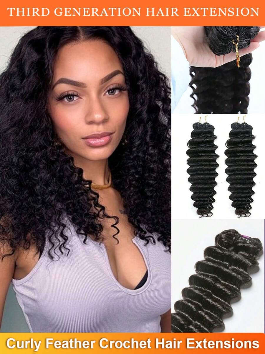 5 Packs 250g Deep Curly Feather Human Hair Extension Knotless Curly Third Generation Feather Crochet Human Hair Extension Natural Black Feather Remy Virgin Curly Crochet Hair For Knotless Boho Braids Protective Hairstyle