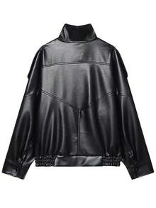 Women's Black PU Leather Jacket, Long Sleeve Zip-Up Bomber Jacket, Autumn/Winter Outerwear, Street Style - Black - View 5