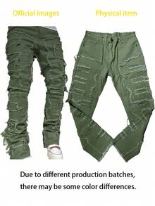 男士时尚休闲街头破洞流苏简约纯色牛仔裤 - 軍綠色 - 查看 5