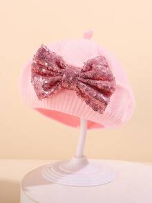 1顶柔软弹力亲肤1-3岁婴儿针织贝雷帽，饰有大亮片蝴蝶结，适合日常佩戴、冬季保暖和拍照。 - 1PC - 查看 3