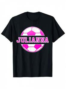 Men's Black Cotton Crew Neck T-Shirt 180g - Jeliana Football Fan Pattern With Pink Lettering And Ball Design, Summer Casual Sports Style, Football Accessories 0HRR - 黑色 - 查看 7