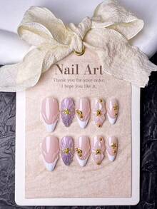 10pcs Handmade Press-On Nails, Acrylic Press-On Nails, Short Nails, False Nails, New Year Nails, Nail Art Set, French Manicure, Cute Nails, Y2K Nails, Almond Shaped Nails, White Nails, Pink Nails, Purple Nails, Gold Nails - White - View 13