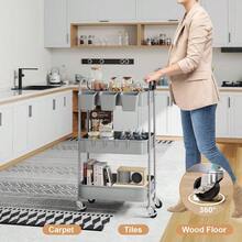 3 Tier Rolling Cart Metal With Wheels, Heavy Duty White Three Tiered Cart Organizer On Wheels, Utility Roller Storage Carts Art, Nursery, Diaper Caddy, Snack, Book, Nail, Cleaning Supplies - 簡約灰色 + 三層 + 杯子 + 掛鉤 - 查看 4