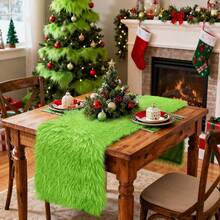 Green Christmas Table Runner 48 Inch, Fluffy Faux Fur Dresser Cover Top, Dresser Runners For Bedroom, Coffee Table, Vanity Desk, Birthday Christmas Party Home Decorations - Green - 查看 3