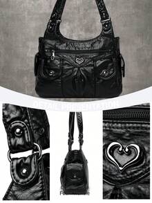 Noverina Punk Casual Women's Shoulder Bag/Totes Large Capacity Handbag For Commuting, [US-Based Shipping] School, New Arrival Tote Bags For Woman,Black Fashion Tote Bag,Casual Hobo Handbag,Daily Use Shoulder Bag,Everyday Bag For Women,Work/Travel Tote, Casual Purse,Spacious Storage,Chic Heart Detail,Durable & Lightweight,Perfect For Daily Commutes, Work, Shopping, Travel, Or Casual Outings.Matches Jeans, Dresses, Or Casual Outfits-Versatile For Any Relaxed Occasion.Black Crinkled Faux Leather Tote Bag With Heart Decor – Spacious Hobo Handbag For Daily Work Shopping,Bolsos Para Mujer,Bolsas De Mujer,Purse,Purses And Bags Women,Gifts For Women,Women's Fall Clothing Winter Clothing Christmas Gift Fall Autumn Velvet Furry Party Fuzzy Plush Thanksgiving Festival Cyber Monday Holiday Knitted Winter Valentine's Day Gift Christmas Women's Crossbody New Year Snow Warm Thermal End-Of-Year - 黑色 - 查看 6