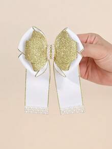 2pcs Delicate White & Gold Ribbed Hair Bows For Girls - Glitter Gold Bow & Pearl Trim Hair Clips ,Alligator Clips ,Kids Teens Hair Barrettes , Luxe Gentle Daily Hair Accessories - Multicolor - View 3