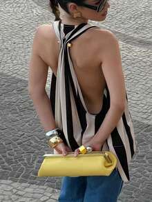 女士黑白条纹性感度假衬衫，梭织面料，金属纽扣，适合约会、海滩、办公室、夏季日常穿着。 - 黑與白 - 查看 1