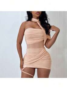D25DS179 European And American Women's Clothing Solid Color Mesh Yarn Neck Halter Asymmetrical Shrink Pleated Hip Wrap Short Dress Dress - 杏色 - 查看 2