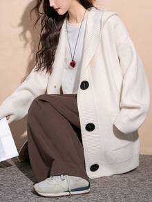 Alicedudu Women's Spring Hooded Casual Outdoor Knit Cardigan - Beige - View 1