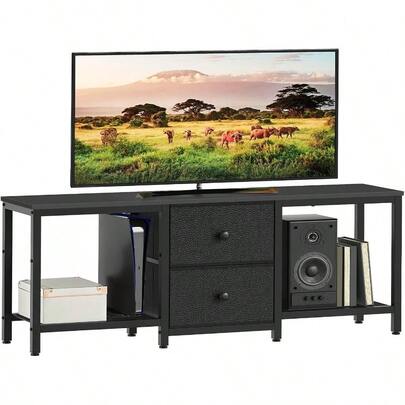 TV Stand For TVs Up To 55", Entertainment Center With 2 Fabric Drawer, Media Console With Shelves, Television Stands For Living Room, Bedroom, Rustic Brown And Black DS02BR