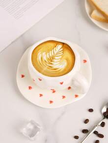 1pc Ins-Style Handpainted Heart Coffee Cup & Saucer Set, Ceramic Material, Suitable For Home, Office, Cafe, Great Gift Choice